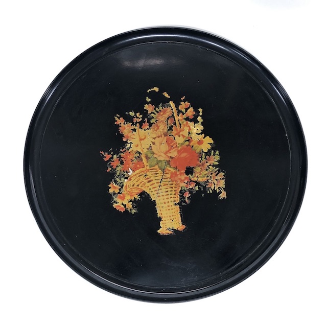 TRAY, 1950s Black w Orange Floral Basket